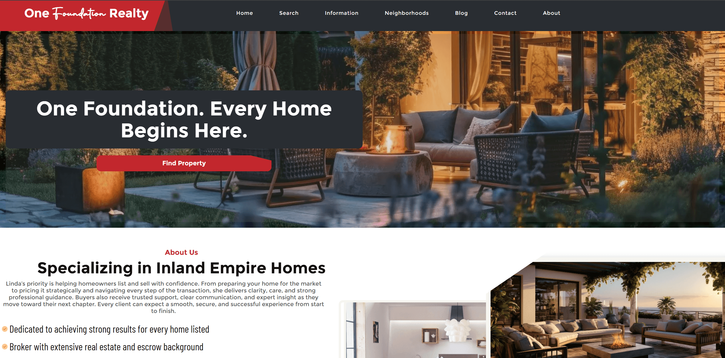 One Foundation Realty desktop homepage showing the brokerage wordmark, navigation, property imagery, and Find Property call to action