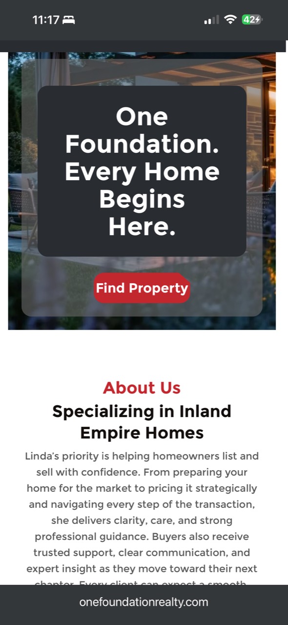 One Foundation Realty homepage viewed on an iPhone, showing the Find Property call to action and Inland Empire brokerage introduction