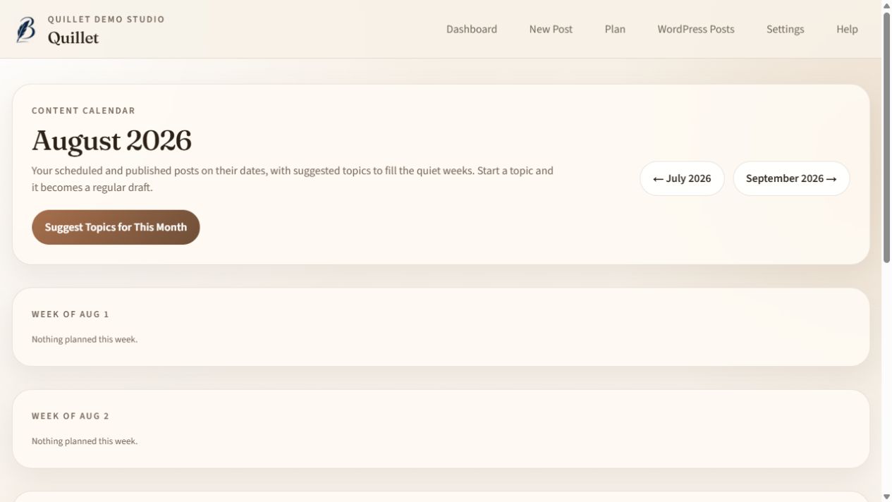 Quillet content calendar showing monthly navigation, weekly planning sections, and an action to suggest topics