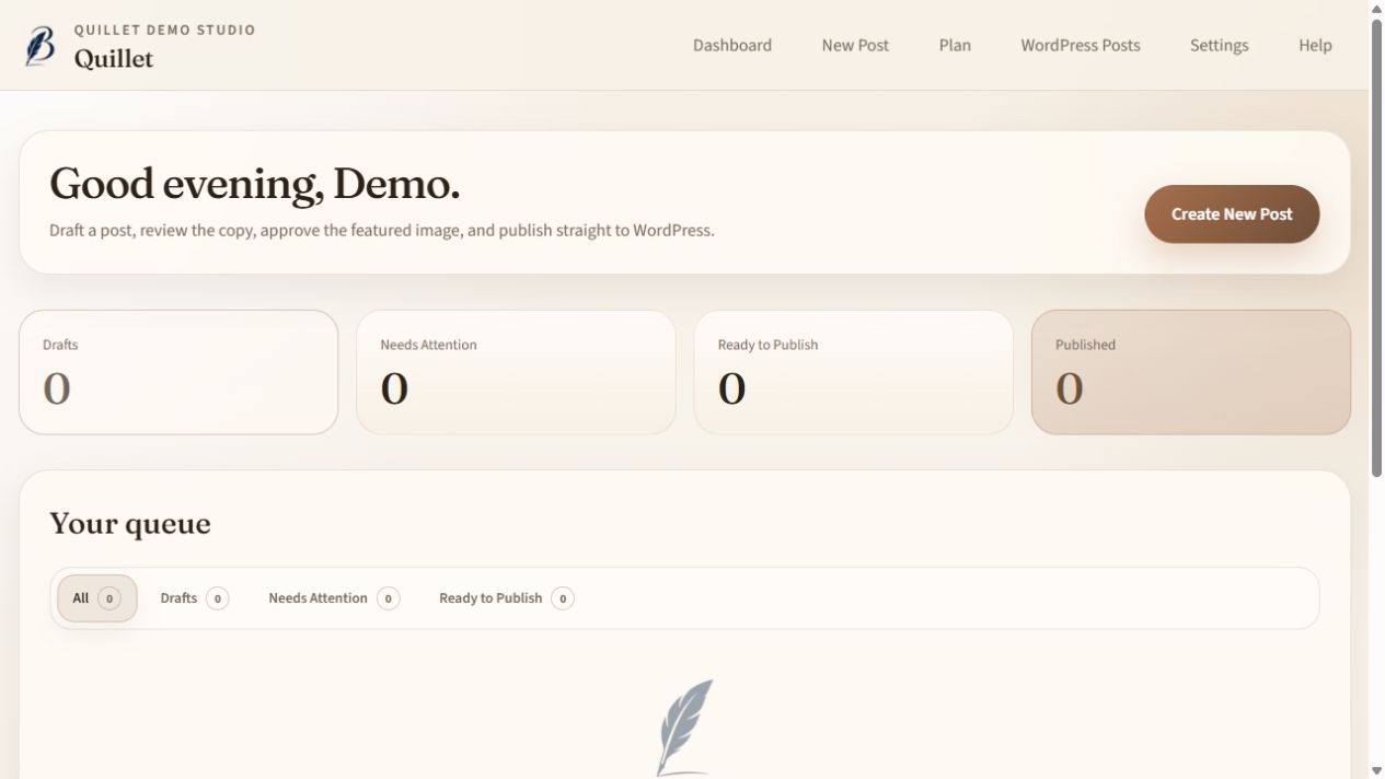 Quillet desktop dashboard showing draft, attention, ready-to-publish, and published status cards above the content queue