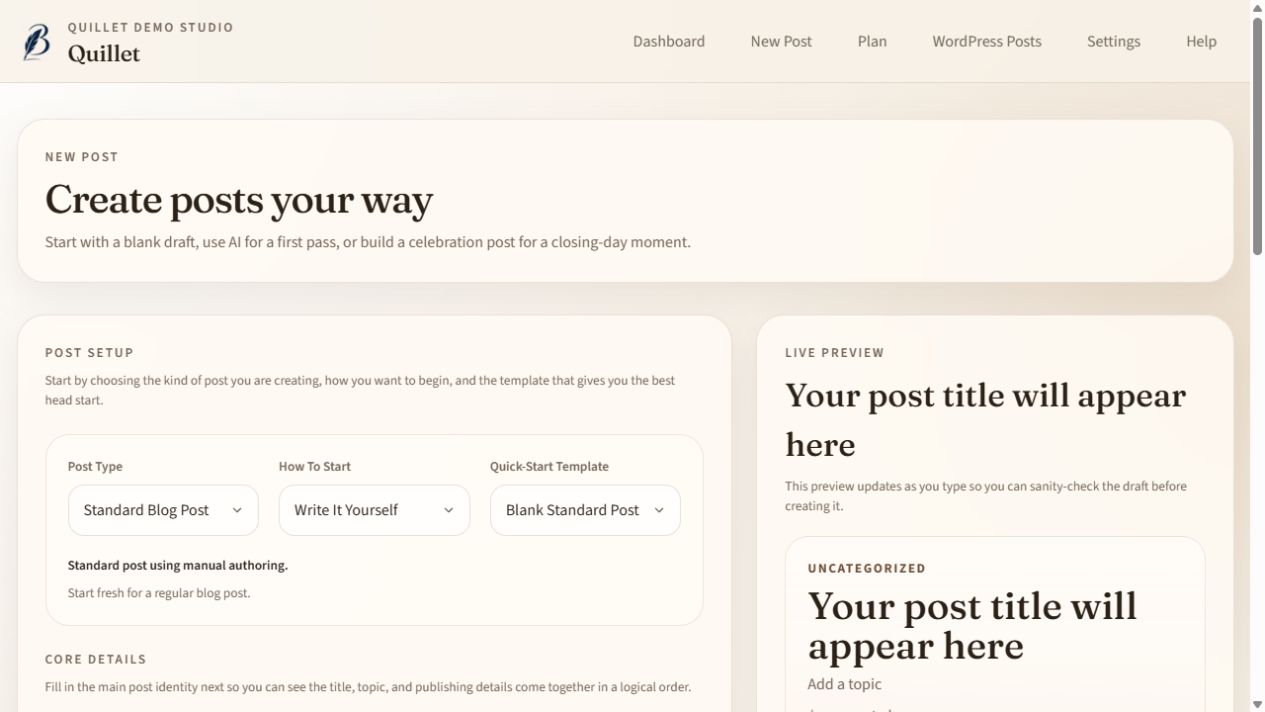 Quillet new-post screen showing post type, manual or AI starting method, quick-start template, and live preview panels